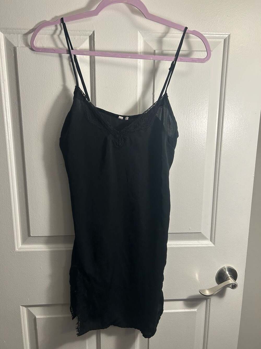 Out From Under Black Satin Lace-Trim Asymmetric Slip Dress